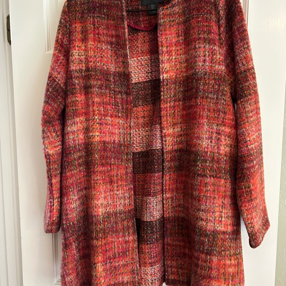Christian Siriano Coral Orange tone Plaid Open Front Cardigan/Coat/Jacket